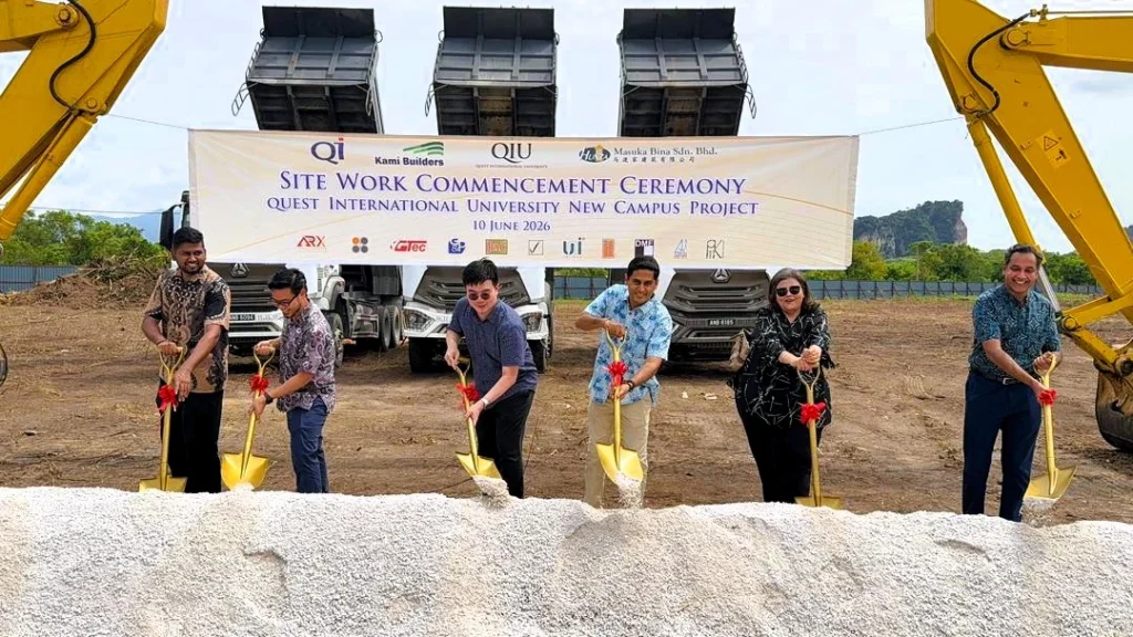 Representatives from Kami Builders participate in a ceremonial site work activity at the new campus development site.