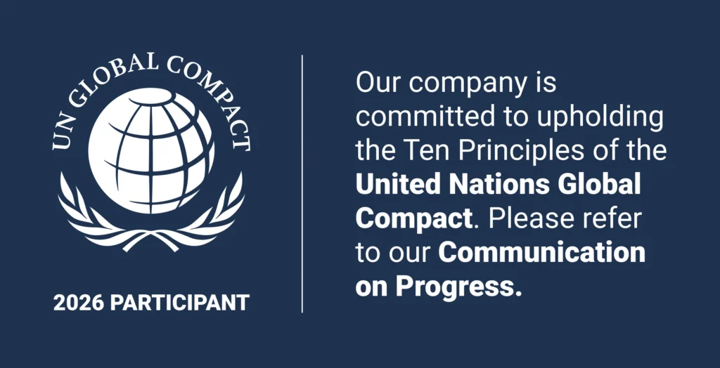 United Nations Global Compact 2026 Participant logo stating QI Group's commitment to the Ten Principles and referring readers to its Communication on Progress.