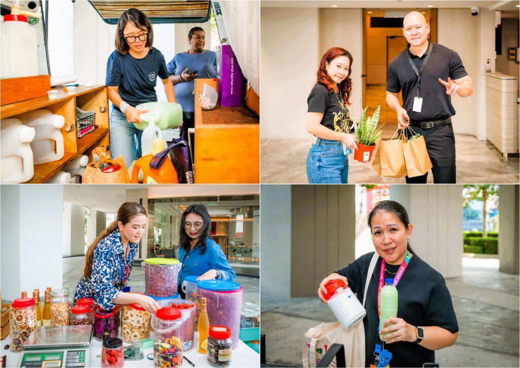 Employees refill household and personal care products and support a Taarana School plant sale during QI Group's Plastic Free July sustainability initiative at QI Tower.