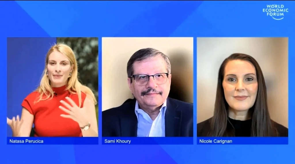 World Economic Forum virtual cybersecurity discussion featuring Natasa Perucica, Sami Khoury and Nicole Carignan.