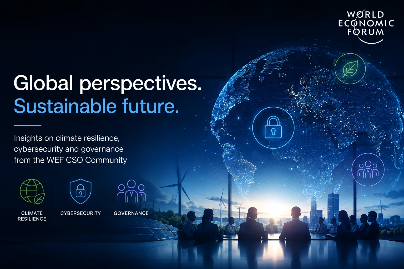 Digital globe illustrating QI Group’s engagement with the World Economic Forum Chief Sustainability Officers Community on climate resilience, cybersecurity and governance.