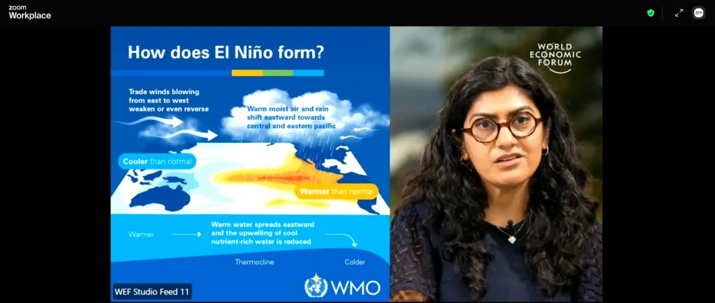 World Economic Forum virtual session explaining how El Niño forms, featuring a World Meteorological Organization presentation.