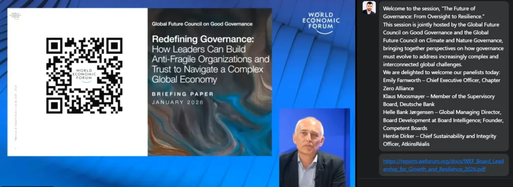 World Economic Forum virtual session on “The Future of Governance: From Oversight to Resilience,” exploring governance and organisational resilience.