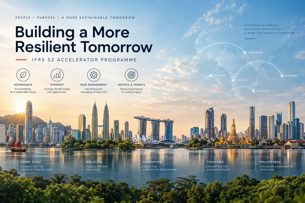 Illustration for the IFRS S2 Accelerator Programme featuring Asian city skylines, a regional map and the four pillars of climate-related disclosure: governance, strategy, risk management, and metrics and targets.
