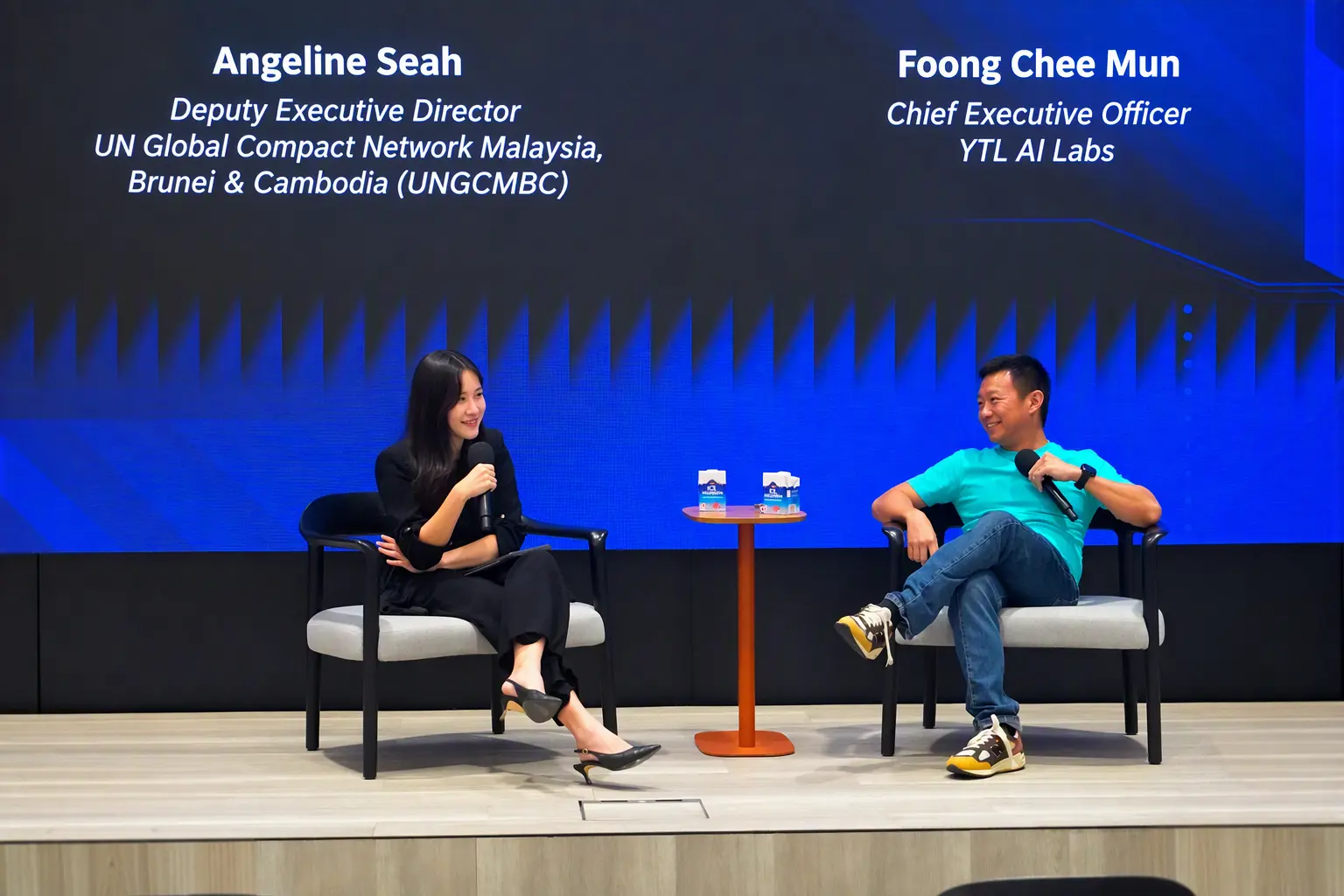 Angeline Seah of UNGCMBC and Foong Chee Mun, CEO of YTL AI Labs, discuss AI-driven sustainability at the CSO Networking Event 2026.