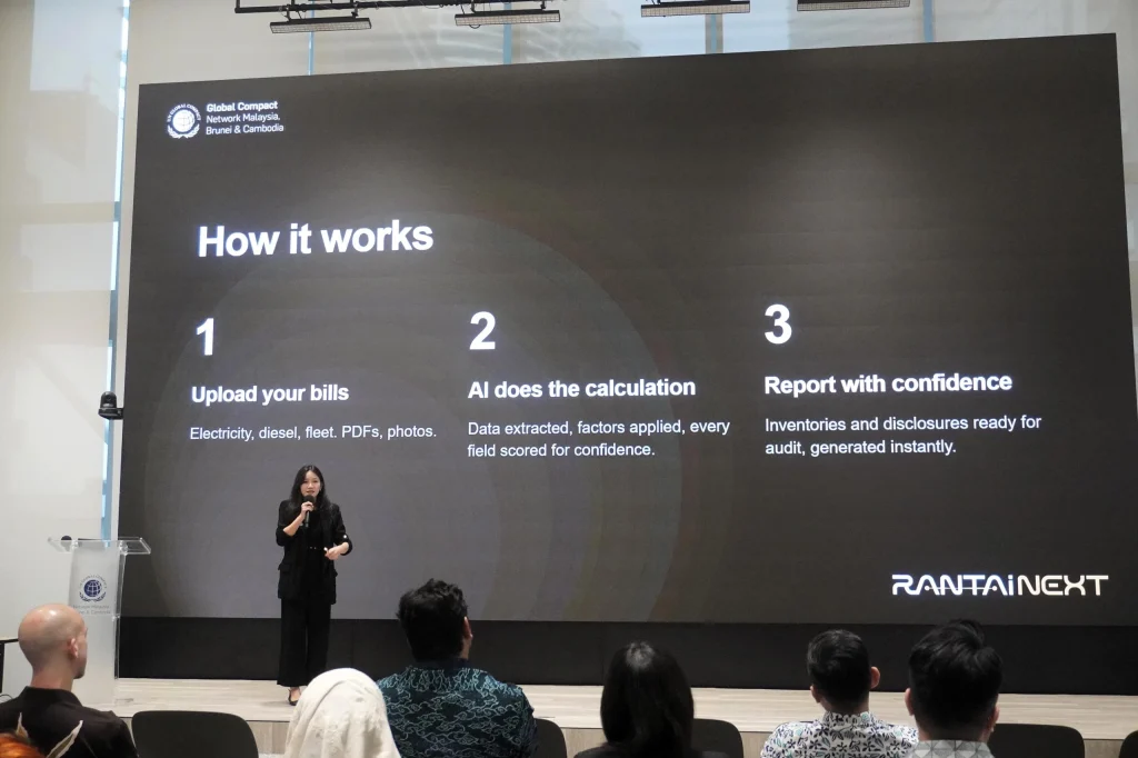 RANTAiSKILLS AI Carbon Calculator demonstration showing how business records support emissions calculations and sustainability reporting.